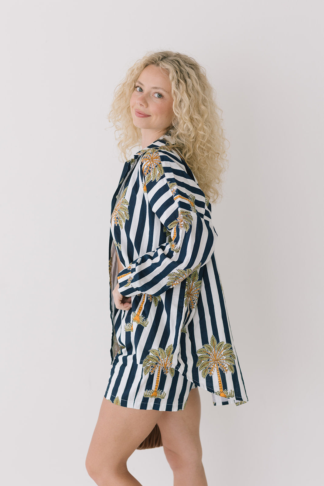 Kate Navy Palm Striped Button Boxer Set - Navy/White