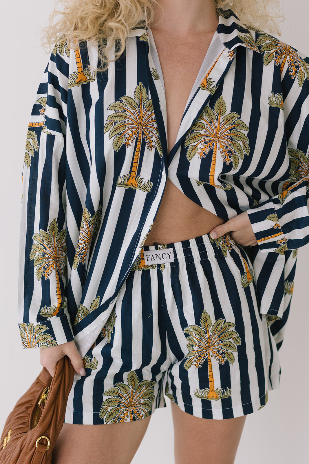 Kate Navy Palm Striped Button Boxer Set - Navy/White