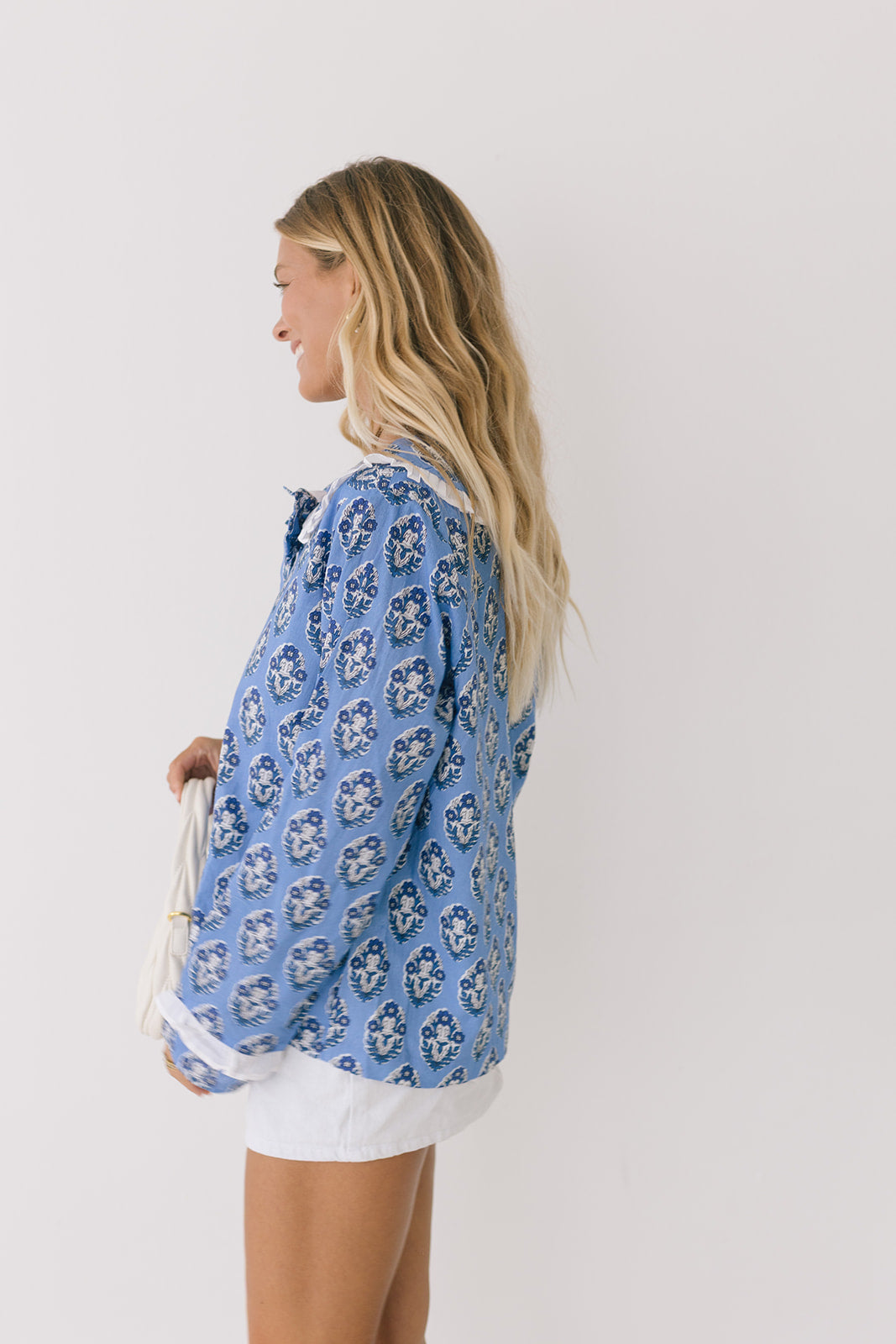 Collin Floral Wide Collar Tie Long Sleeve Top - Blue/White