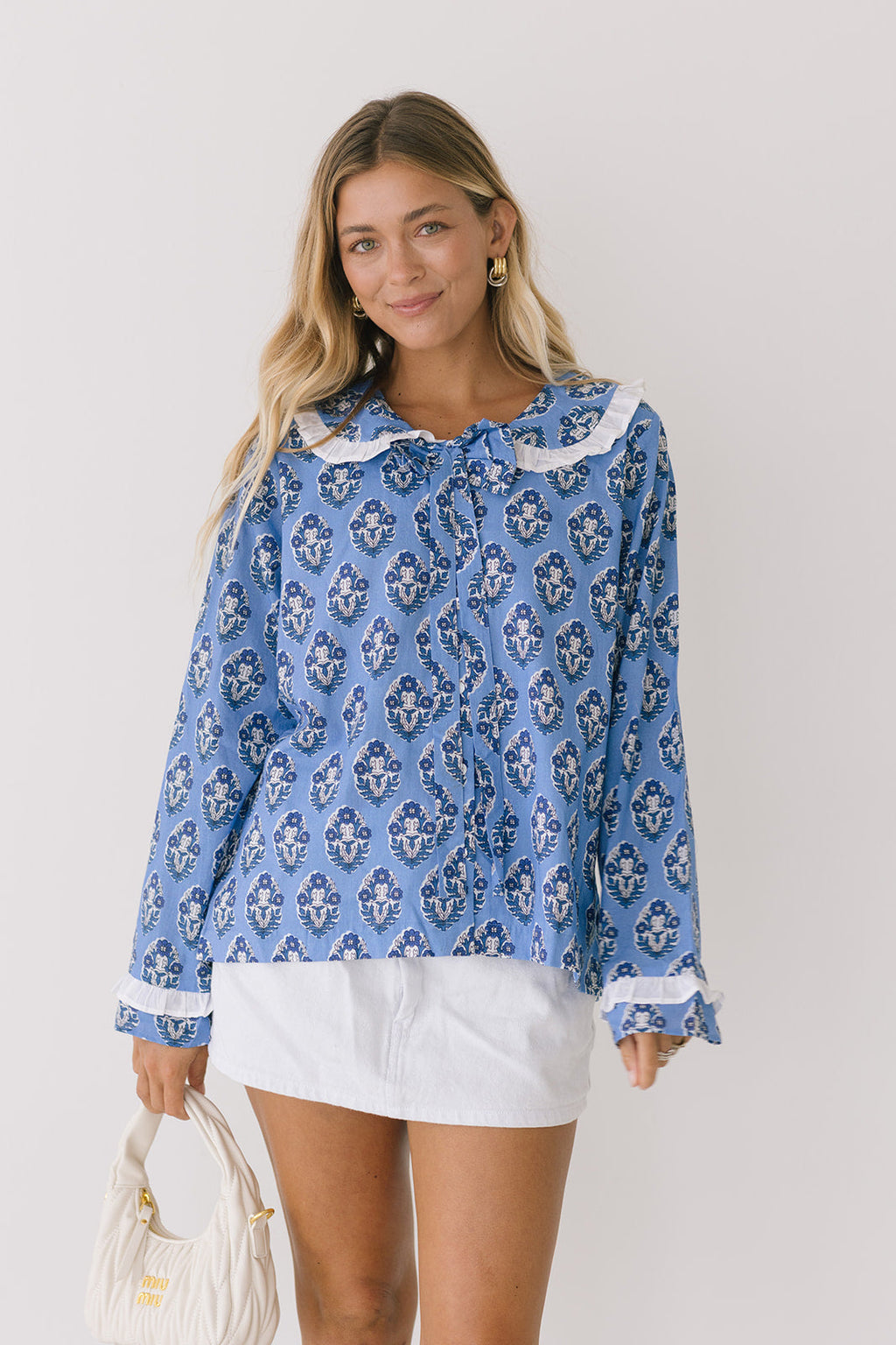 Collin Floral Wide Collar Tie Long Sleeve Top - Blue/White