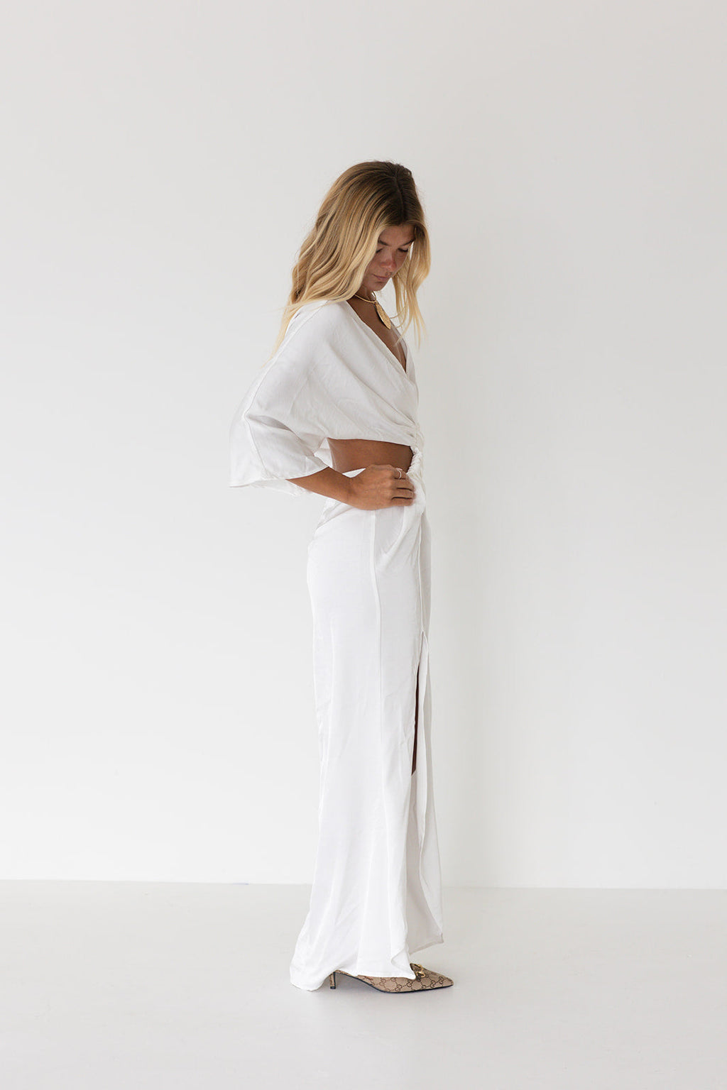 Victoria Satin Ruched Front Dress - White