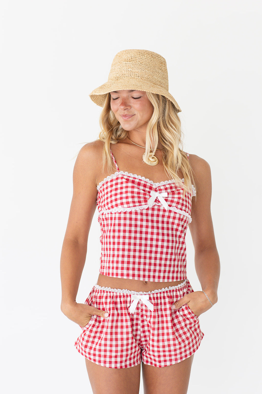 Marin Gingham Lace Ribbon Top - Red Gingham