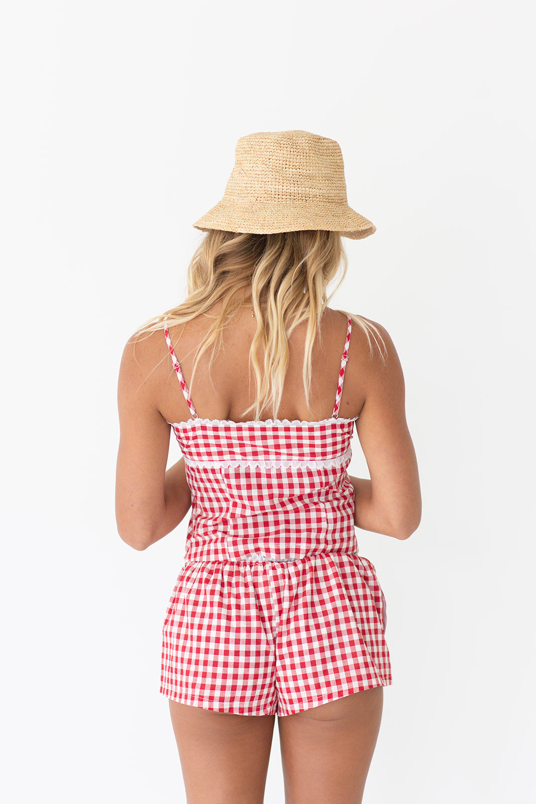 Marin Gingham Lace Ribbon Top - Red Gingham