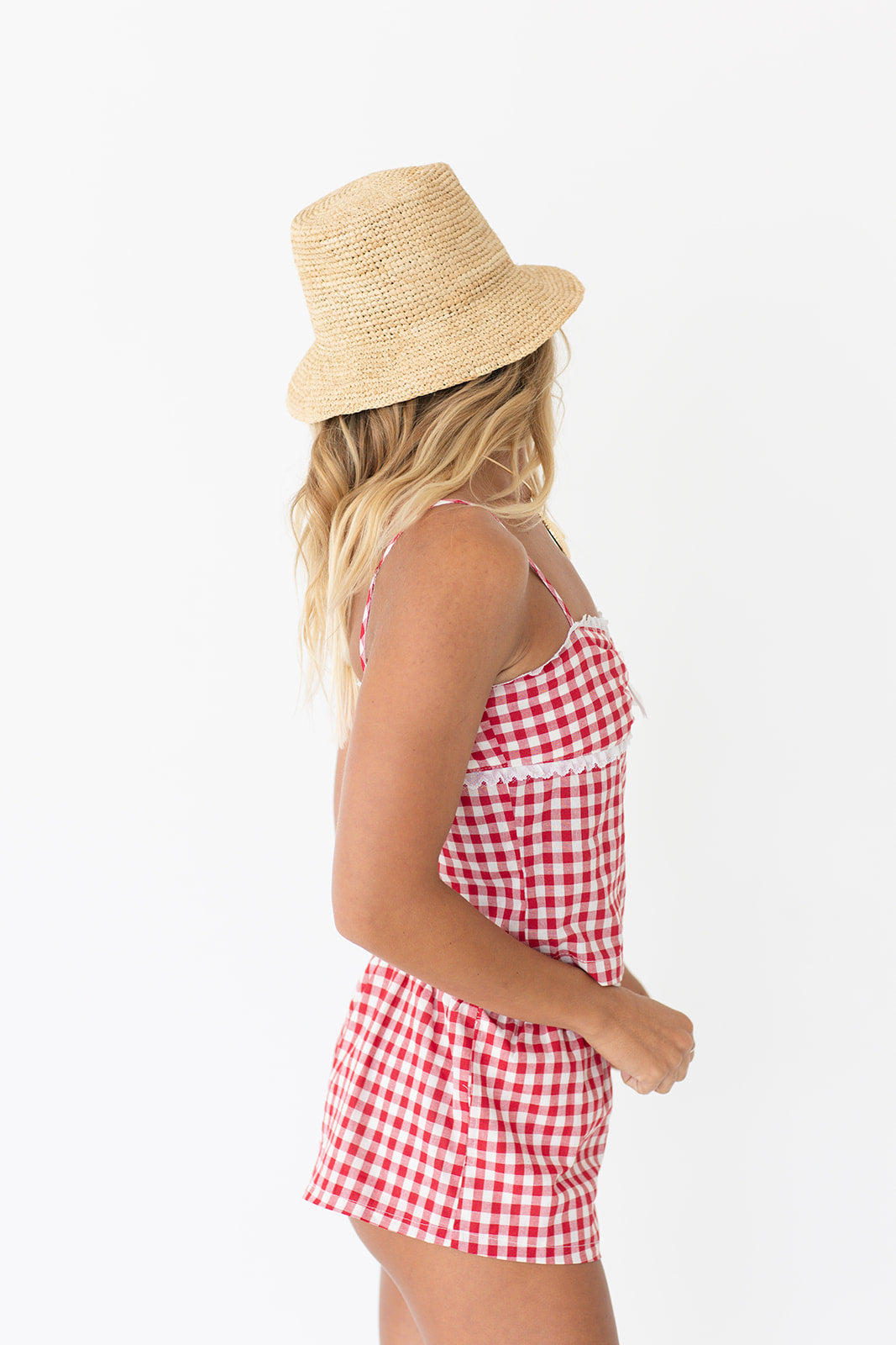 Marin Gingham Lace Ribbon Top - Red Gingham