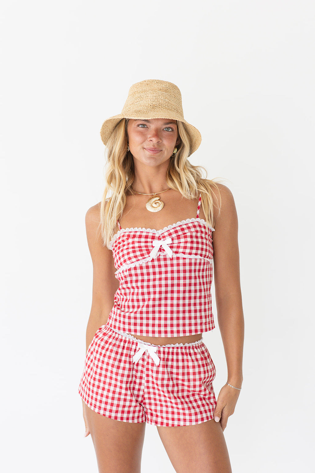 Marin Gingham Lace Ribbon Top - Red Gingham