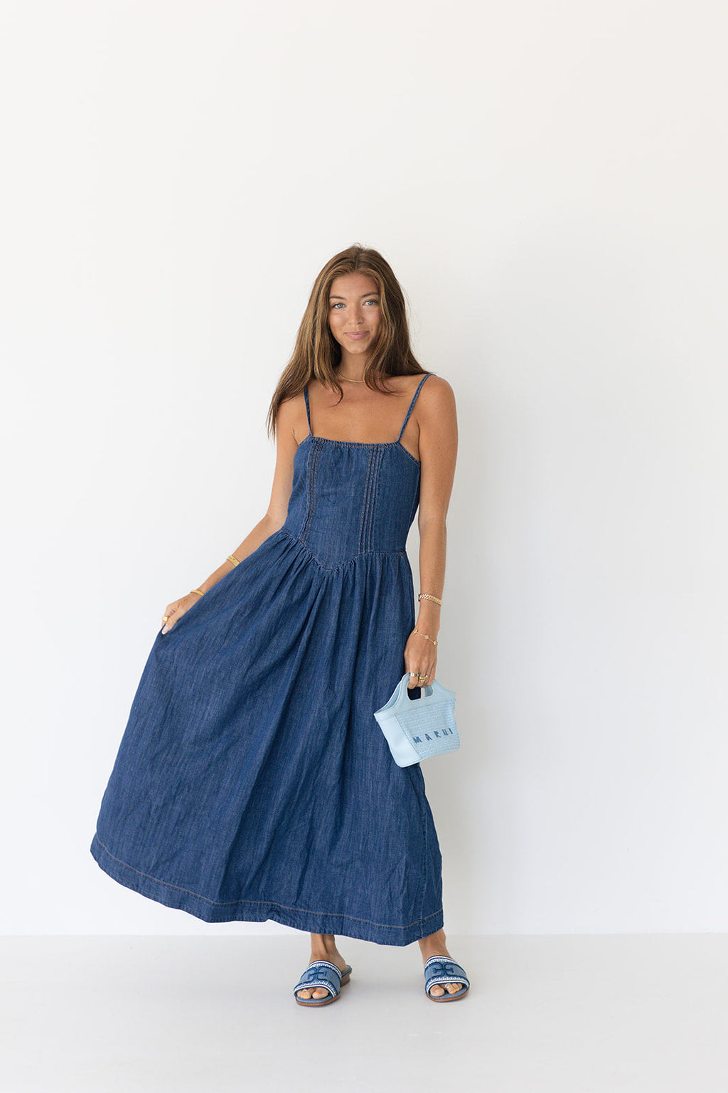 Lane Open Back Denim Midi Dress - Denim