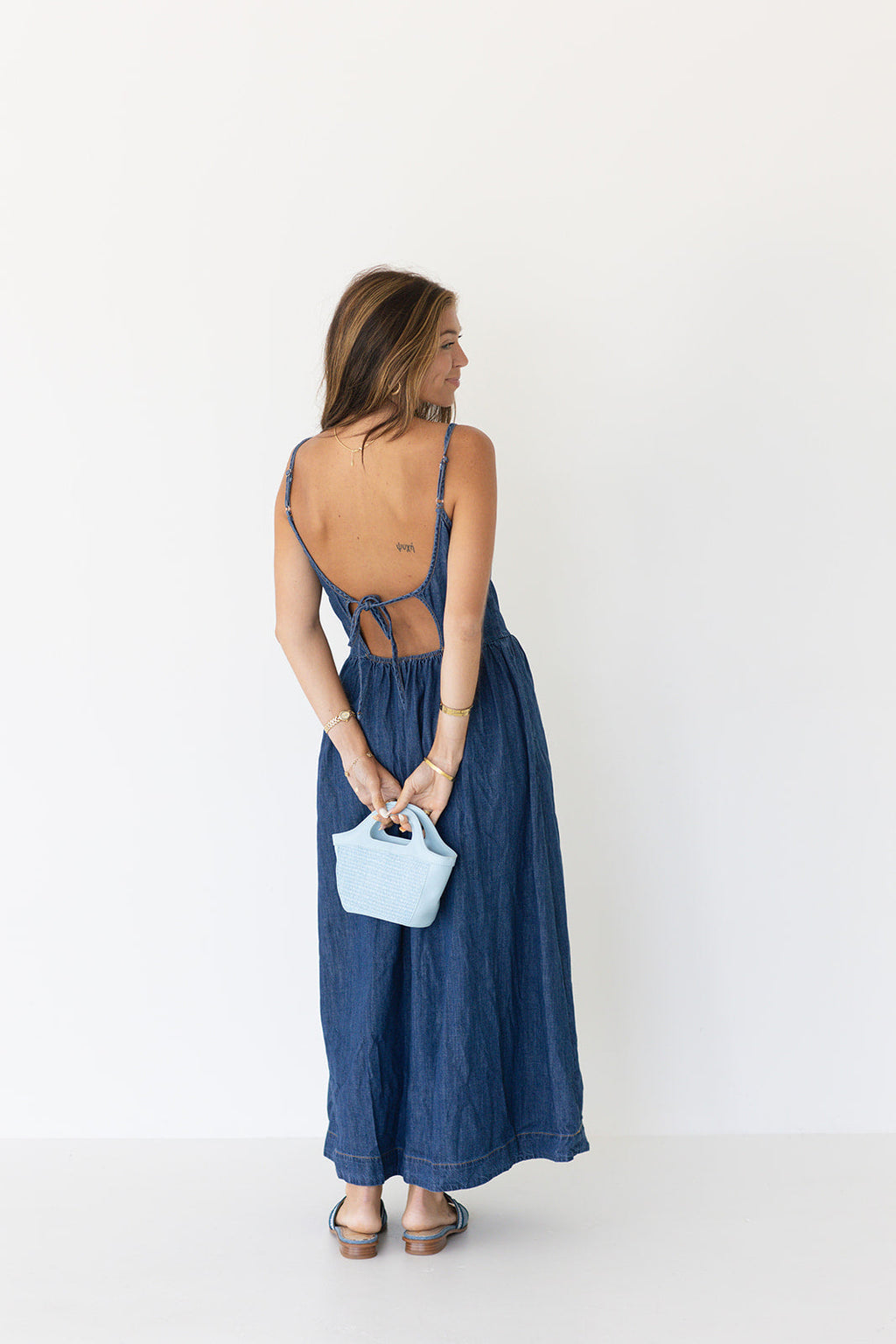 Lane Open Back Denim Midi Dress - Denim