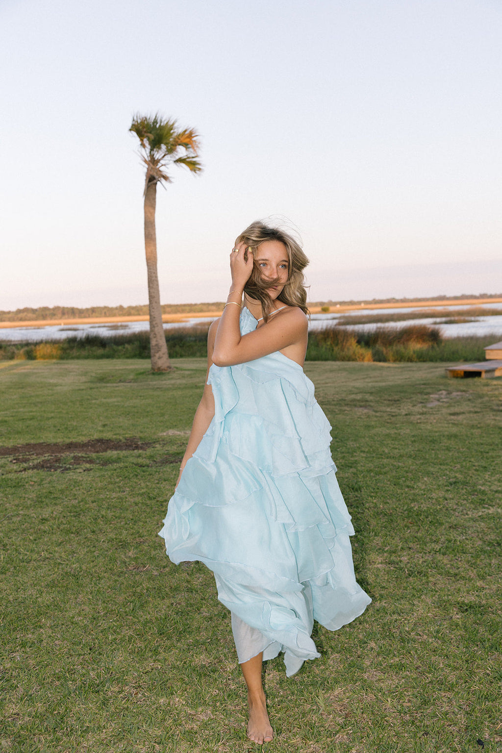 Camellia Floral Ruffle Maxi Dress - Aqua