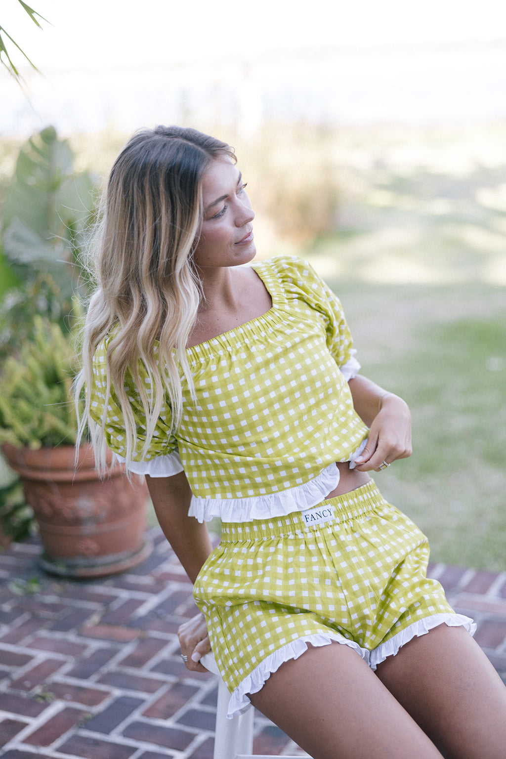 Ophelia Ruffle Trim Set - Lime Green Gingham