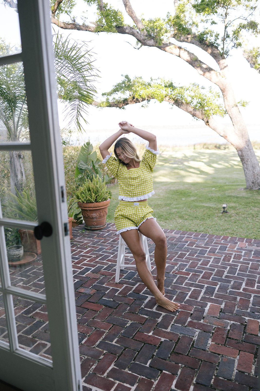 Ophelia Ruffle Trim Set - Lime Green Gingham