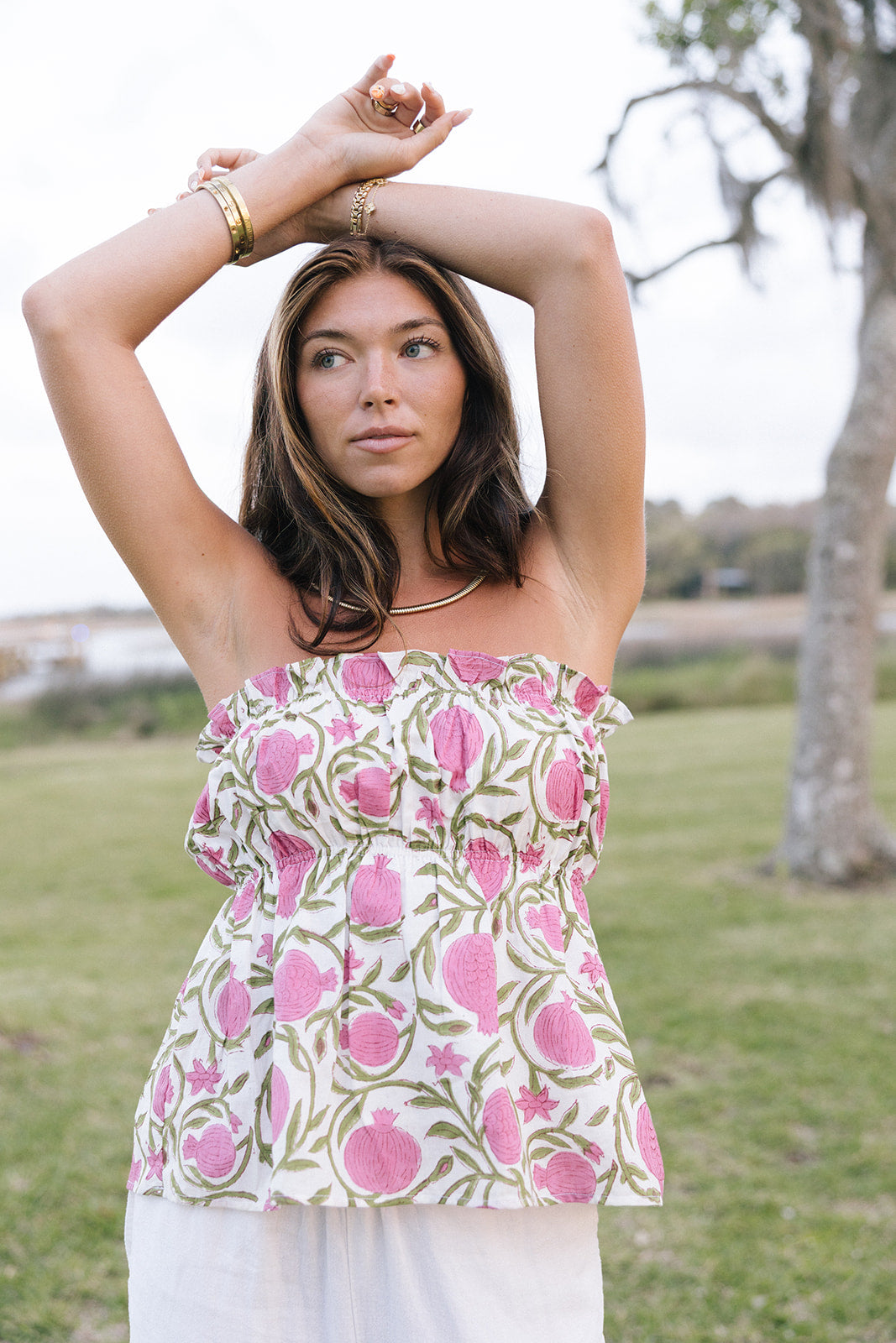 Adriane Strapless Top - White/Pink/Green