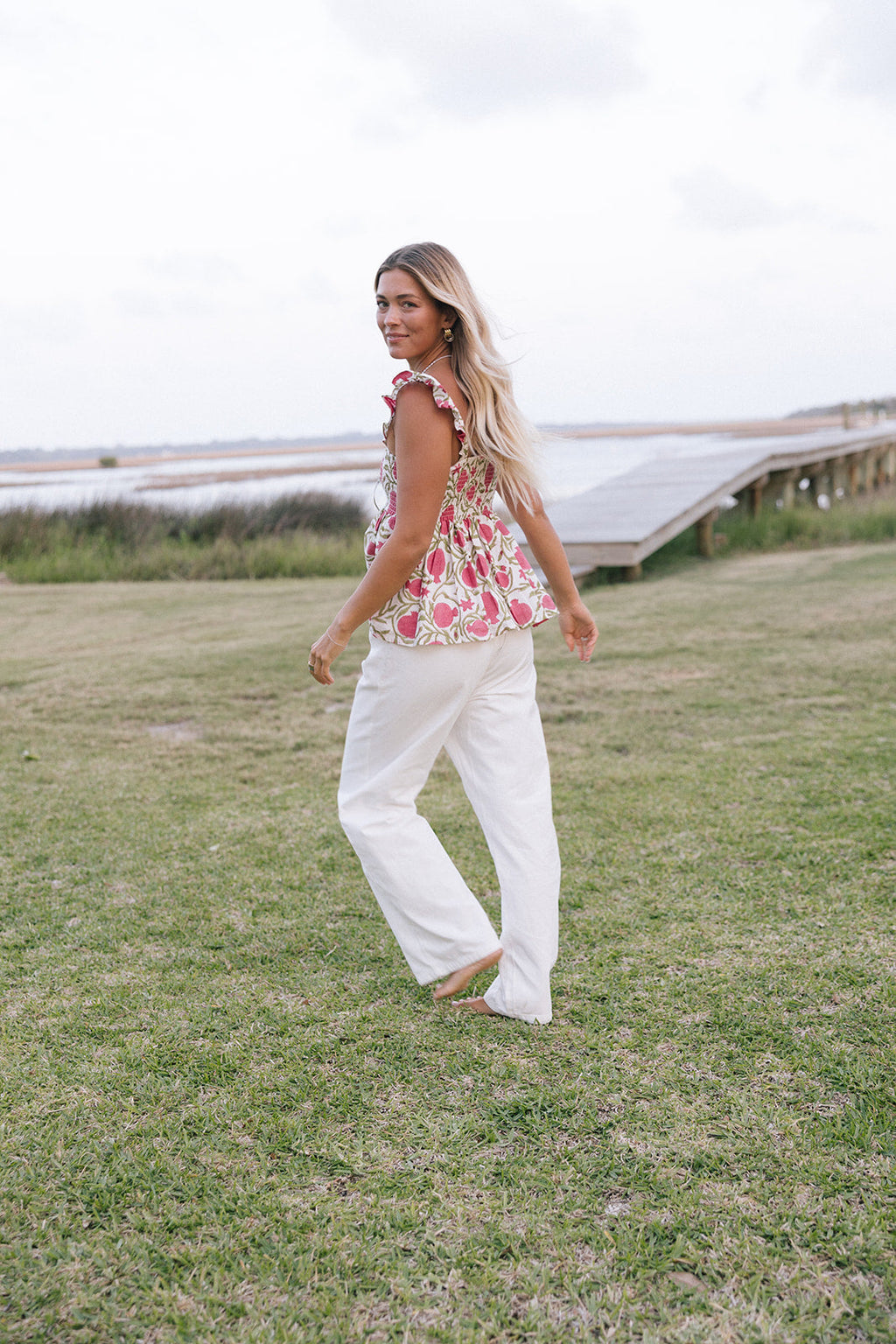 Edie Smocked Top - White/Pink/Green