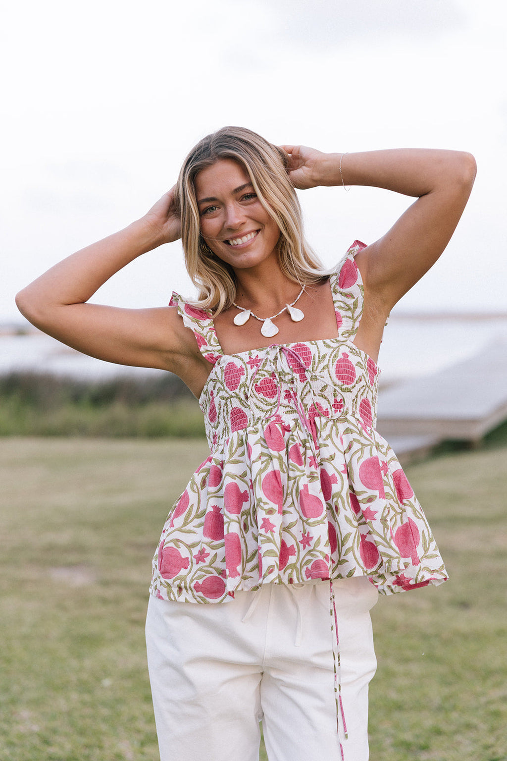 Edie Smocked Top - White/Pink/Green