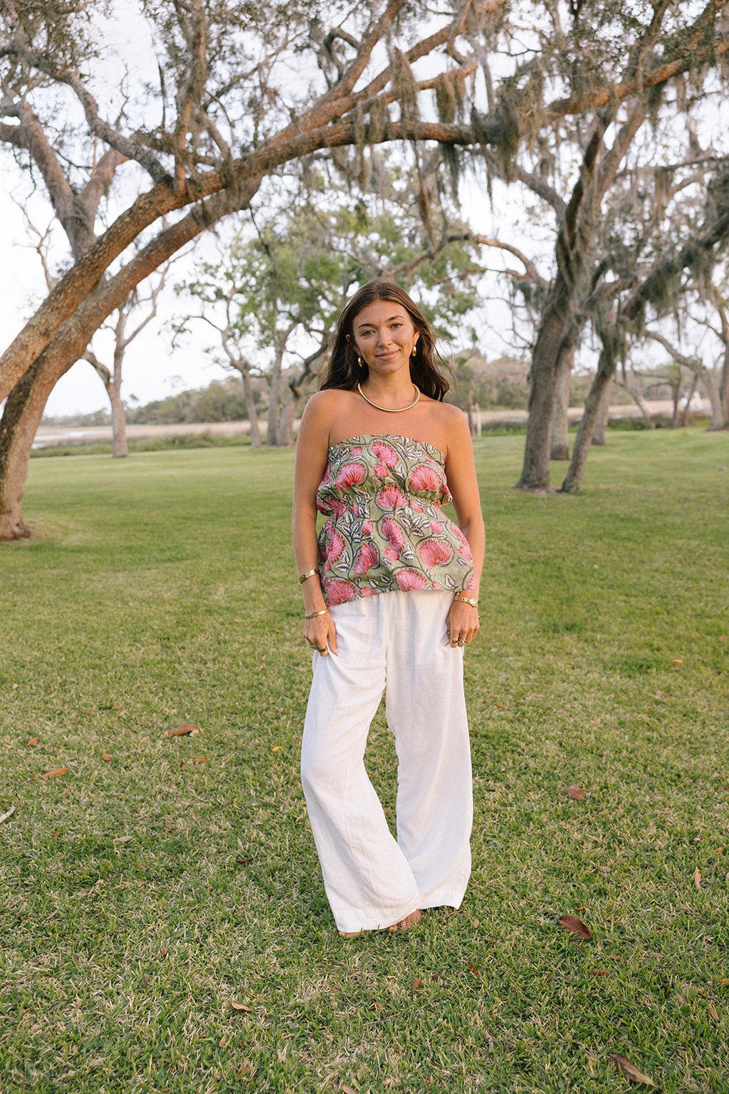 Addie Strapless Top - Green/Pink