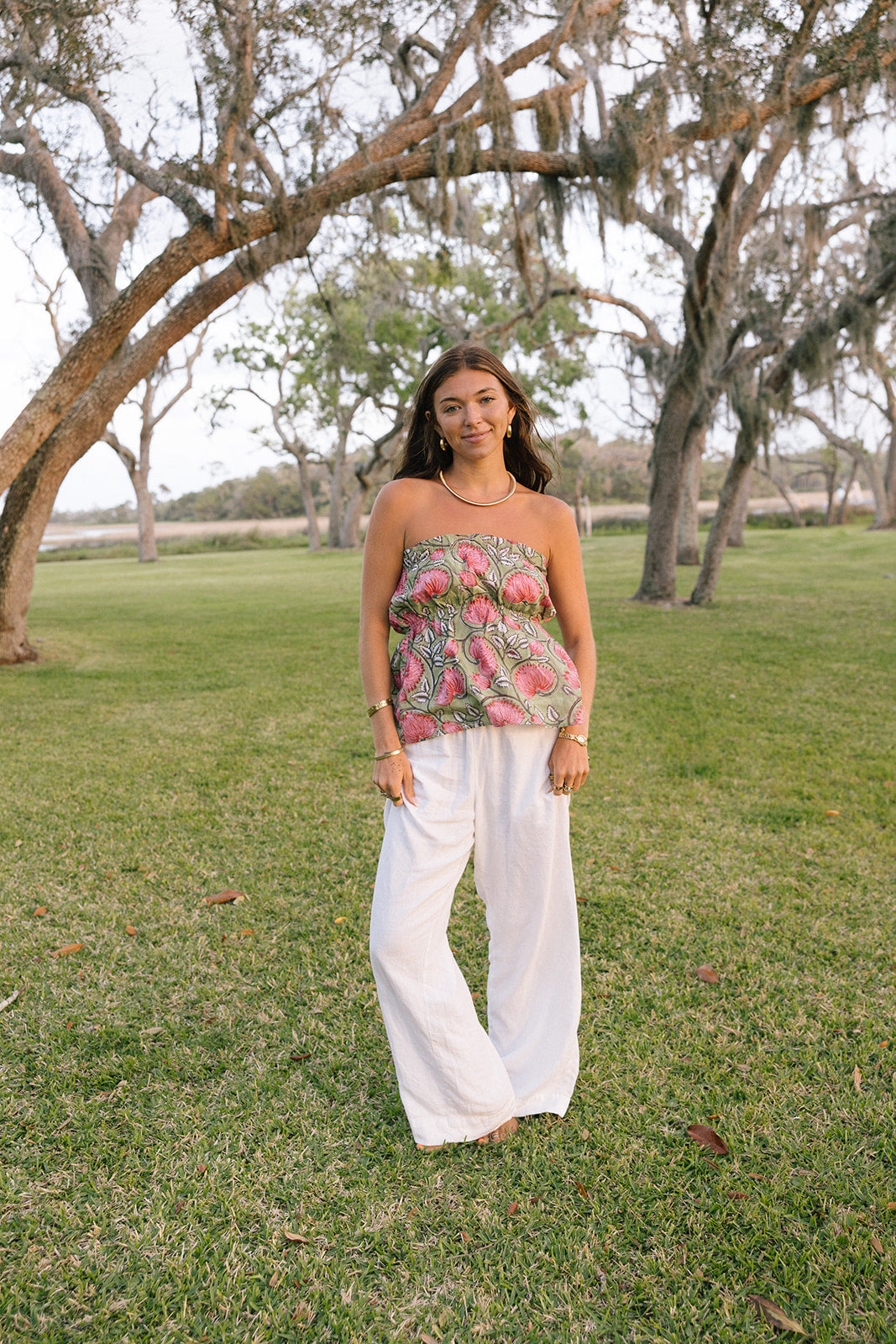 Addie Strapless Top - Green/Pink