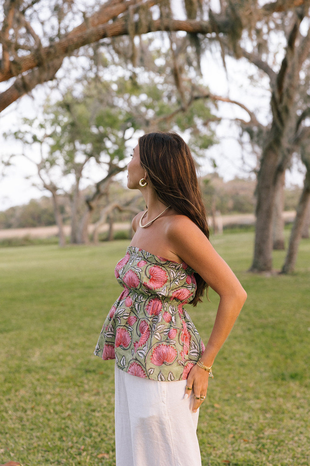 Addie Strapless Top - Green/Pink