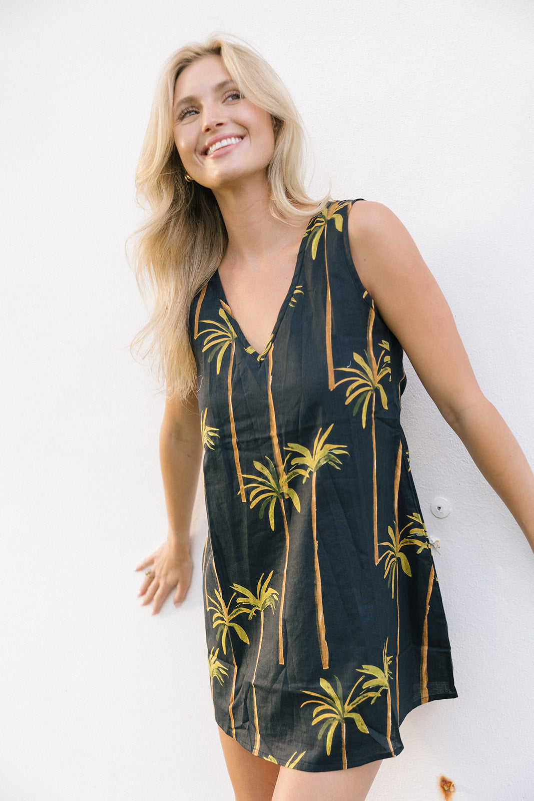 Piper V Neck Mini Dress - Black/Palm