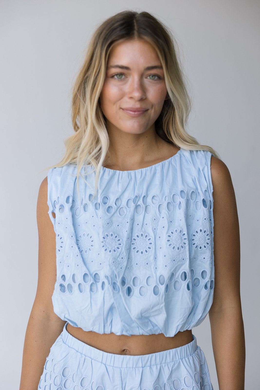 Ashleigh Eyelet Top - Lt Blue
