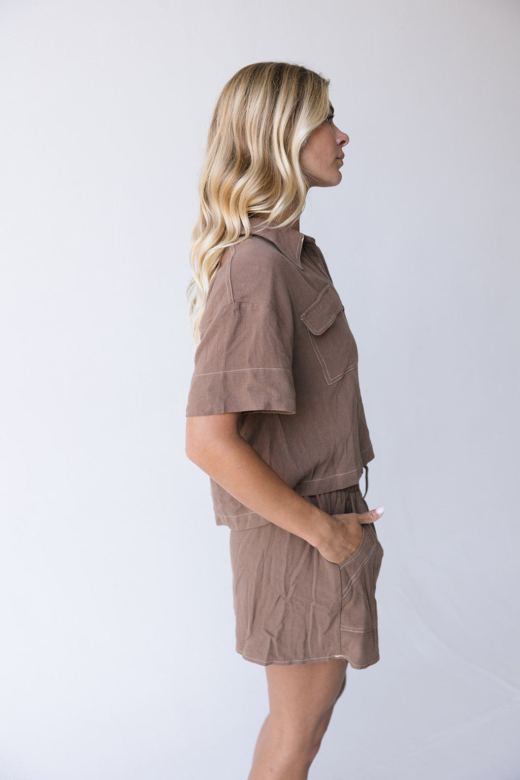 Paige Linen Short Set-Brown