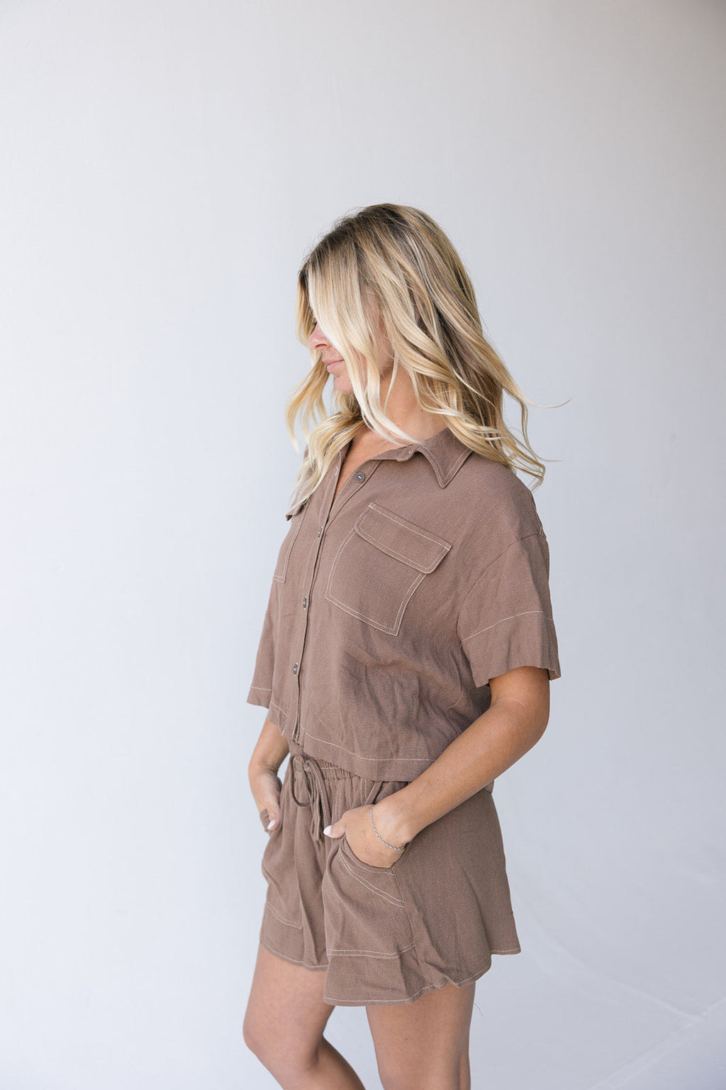 Paige Linen Short Set-Brown