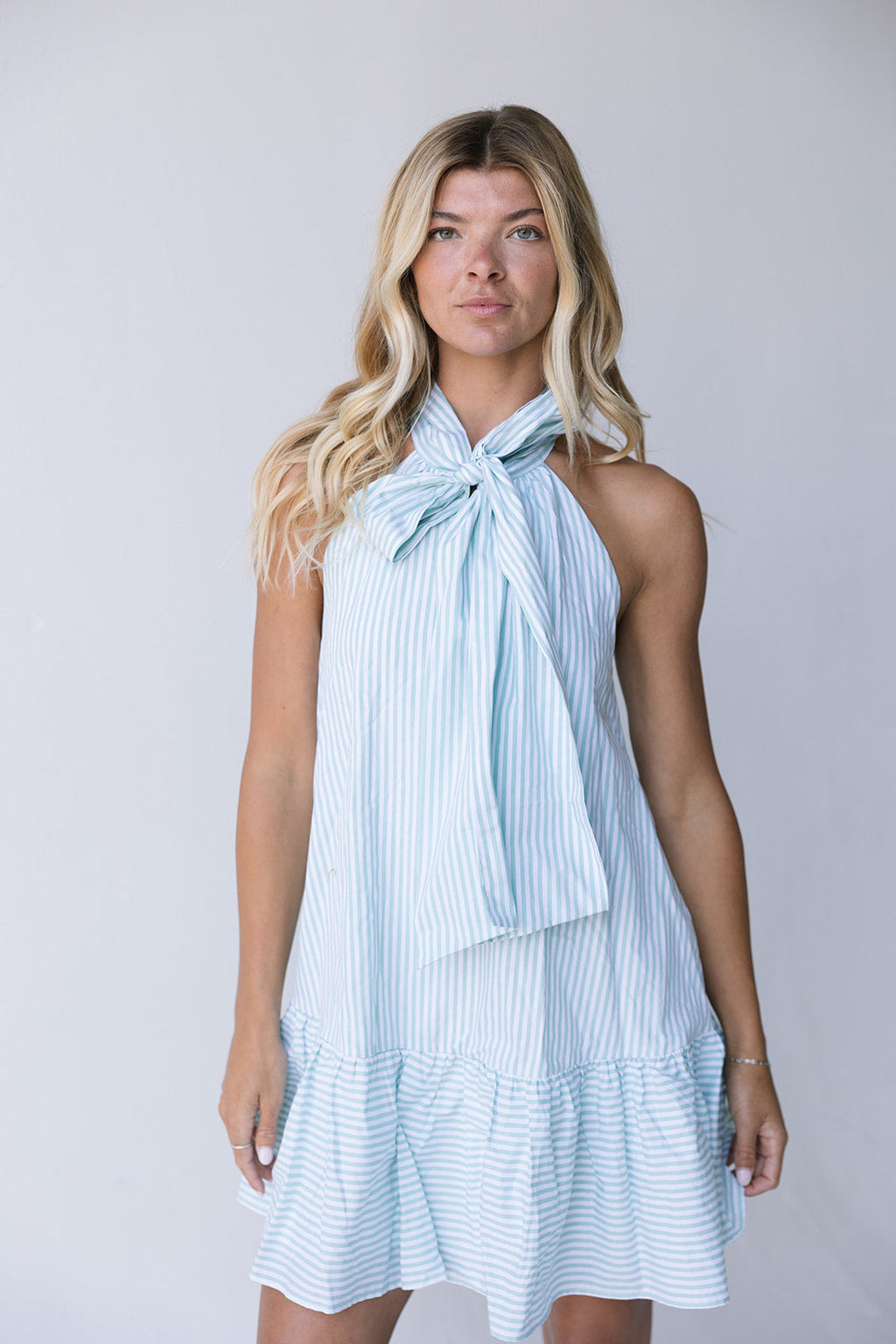 Ava Bow Sleeveless Mini Dress - Lt Sage Striped