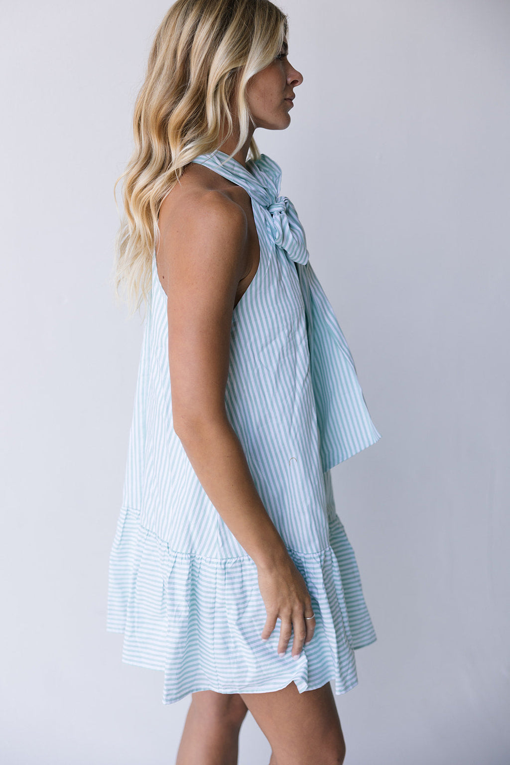 Ava Bow Sleeveless Mini Dress - Lt Sage Striped