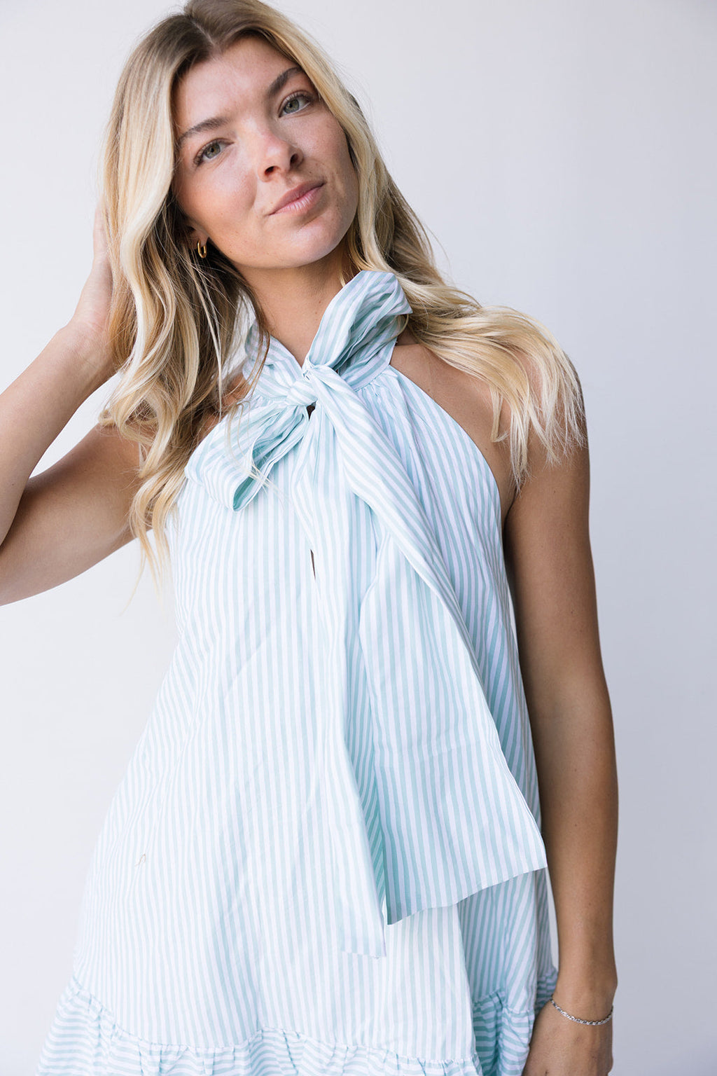 Ava Bow Sleeveless Mini Dress - Lt Sage Striped