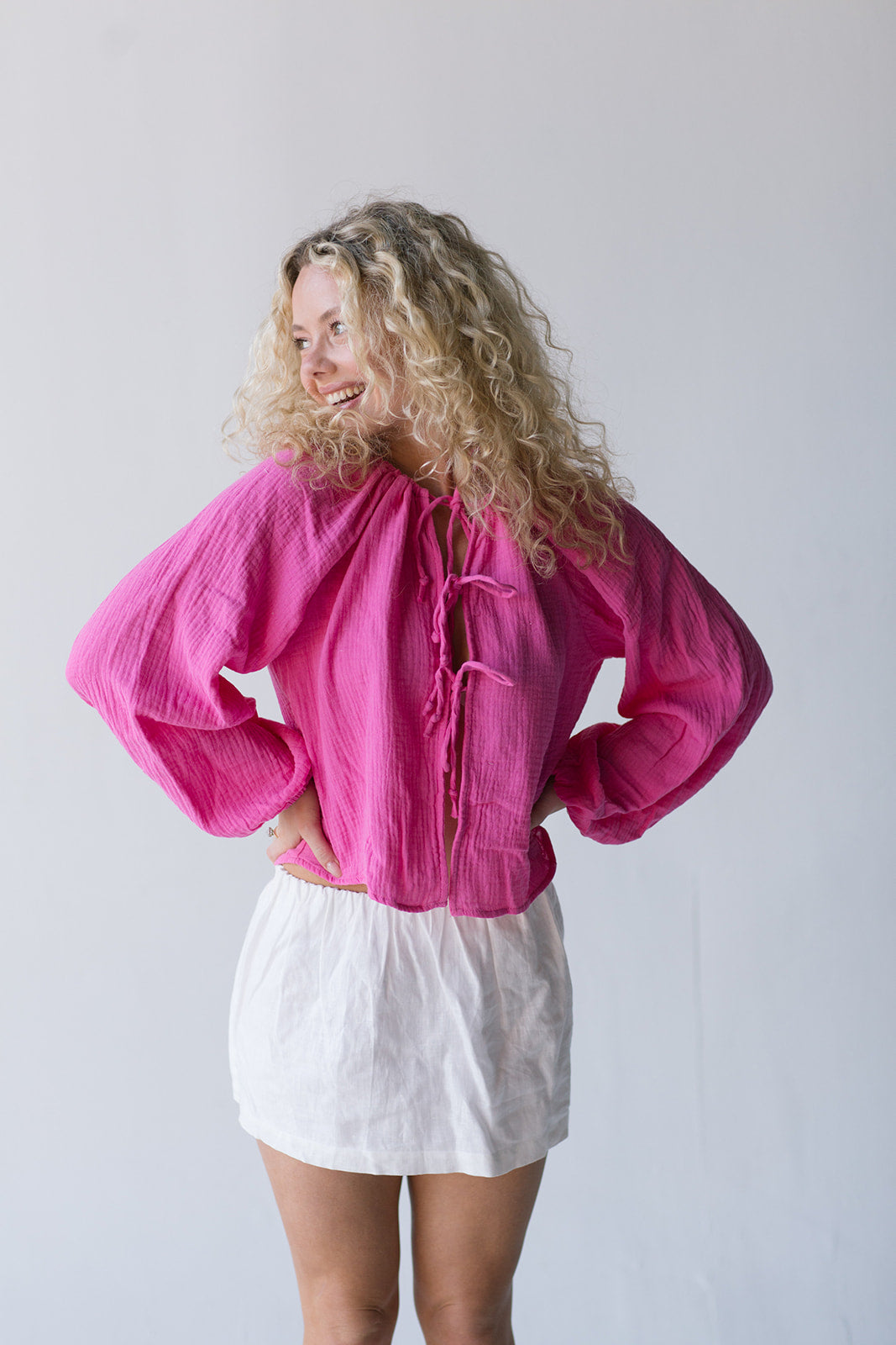 Zoey Tie Front Long Sleeve Top - Hot Pink