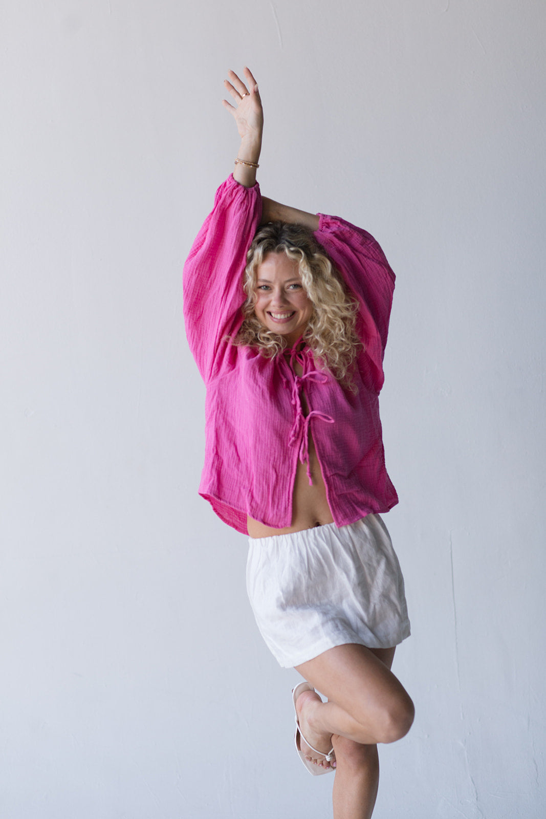 Zoey Tie Front Long Sleeve Top - Hot Pink