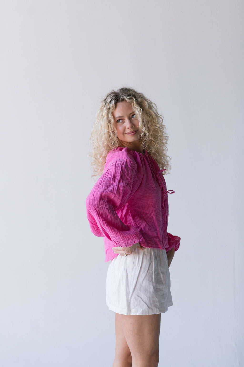 Zoey Tie Front Long Sleeve Top - Hot Pink