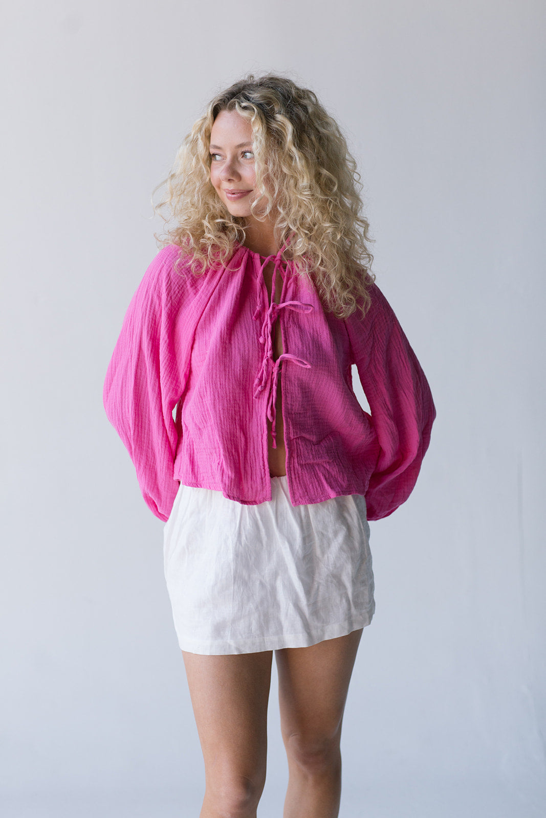 Zoey Tie Front Long Sleeve Top - Hot Pink