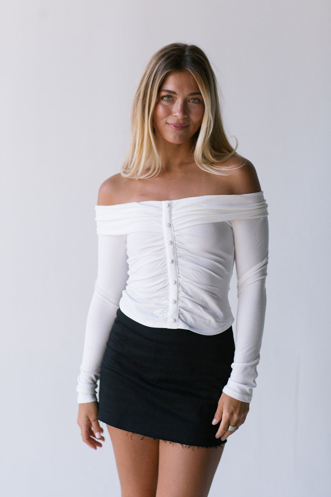 Malory Ruched Long Sleeve Top - Off White