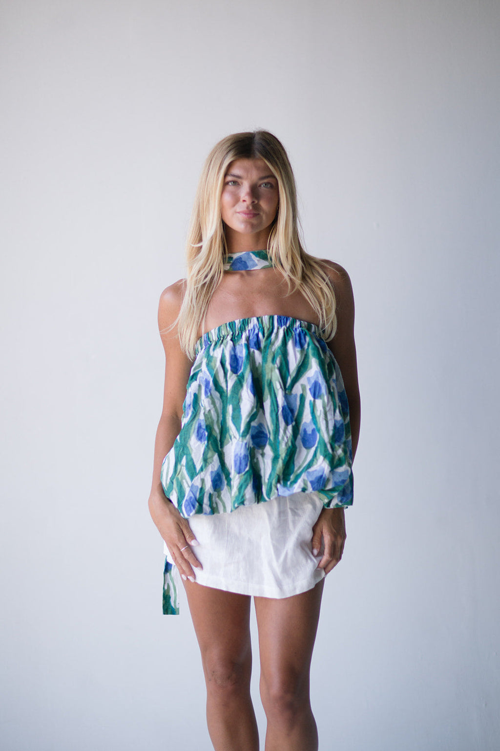 Tyla Bubble Scarf Top - Green/Blue