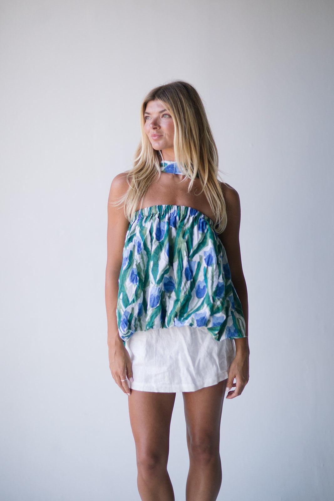 Tyla Bubble Scarf Top - Green/Blue