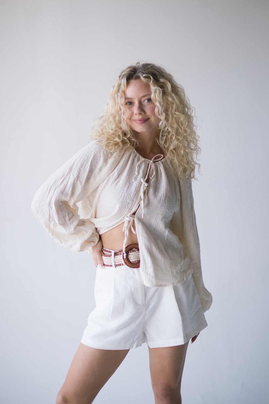 Mia Tie Front Long Sleeve Top - Cream