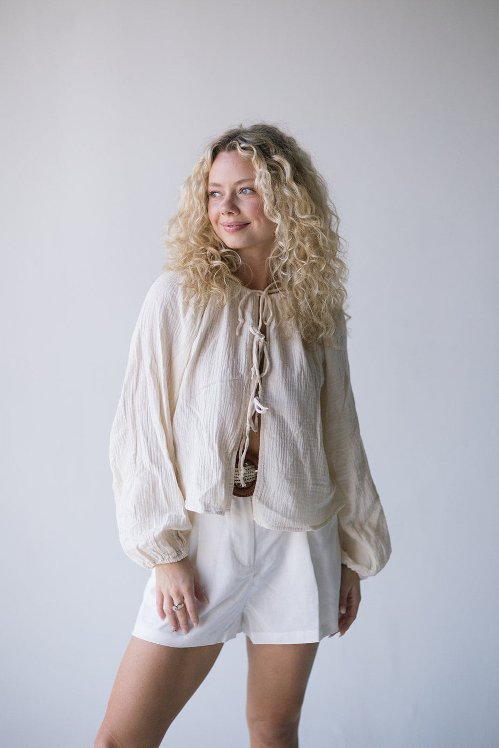 Mia Tie Front Long Sleeve Top - Cream