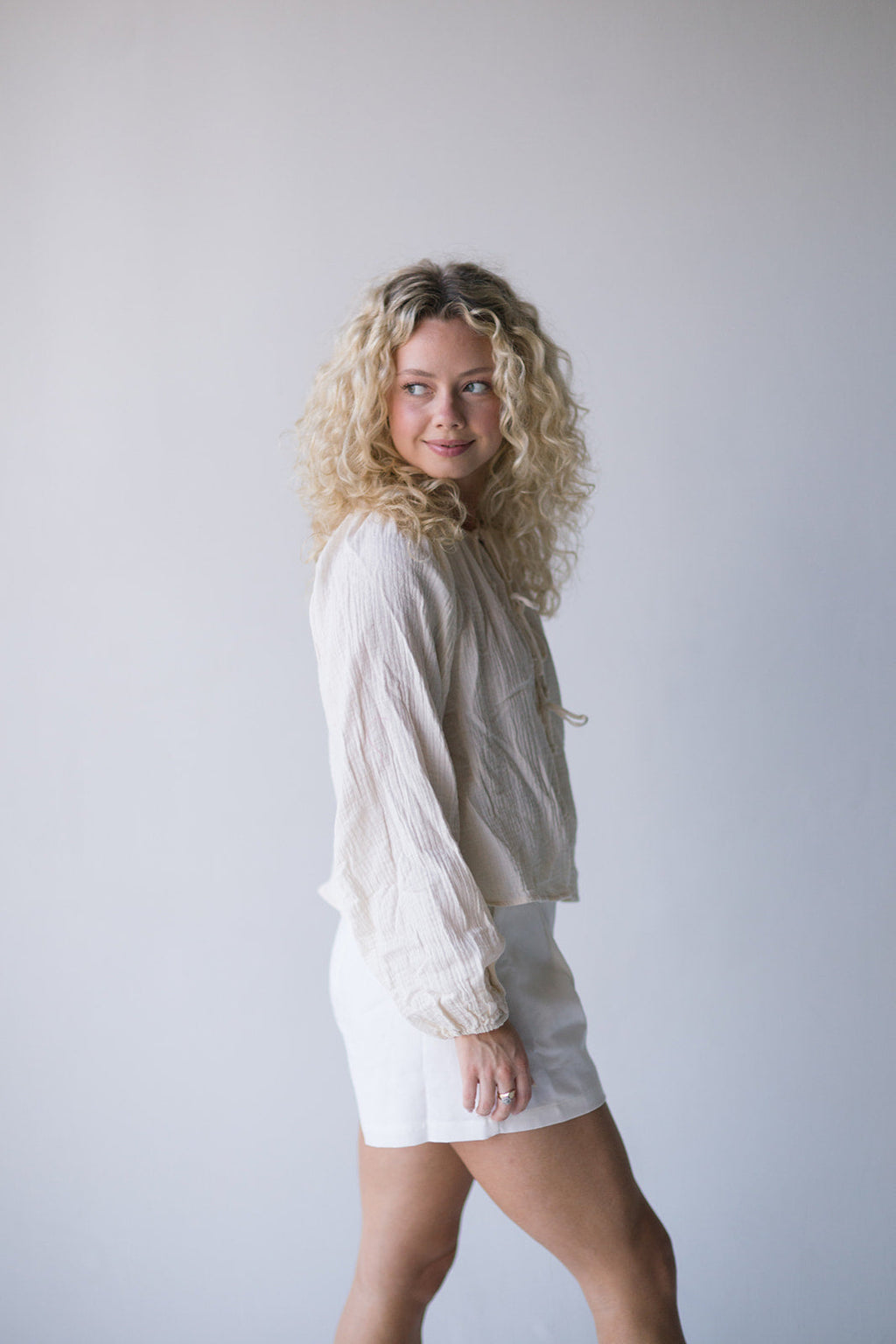 Mia Tie Front Long Sleeve Top - Cream