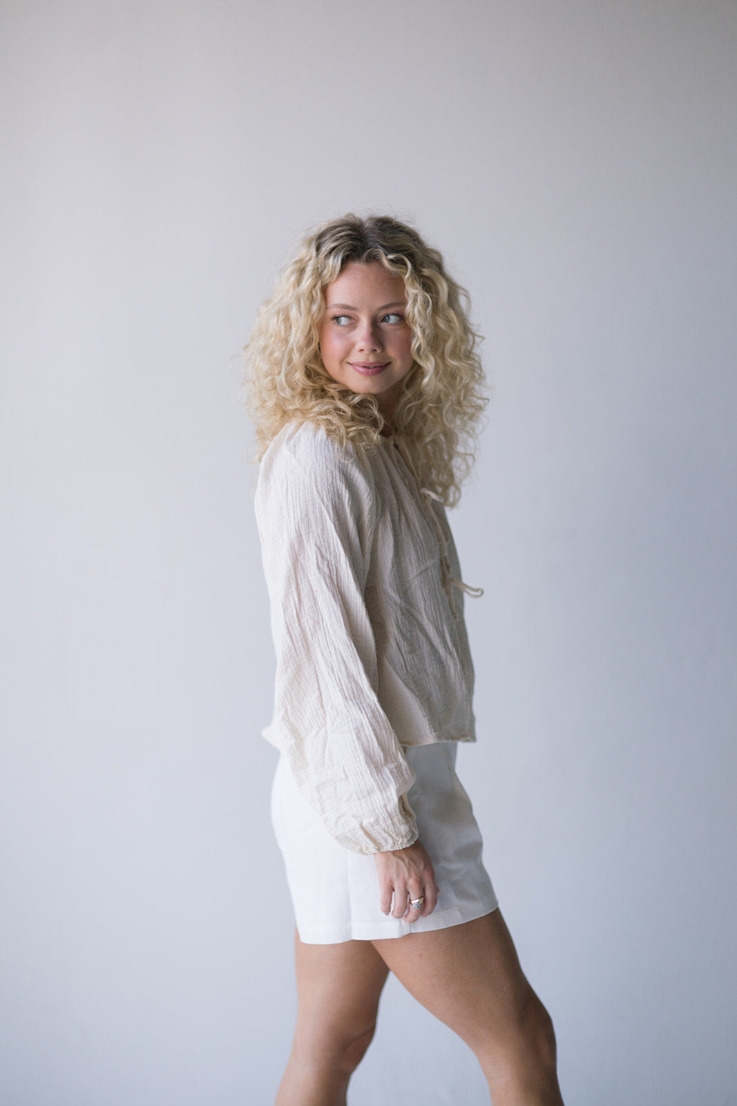 Mia Tie Front Long Sleeve Top - Cream