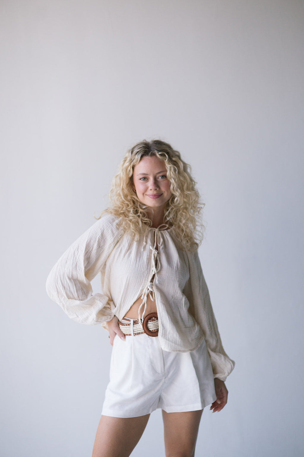 Mia Tie Front Long Sleeve Top - Cream