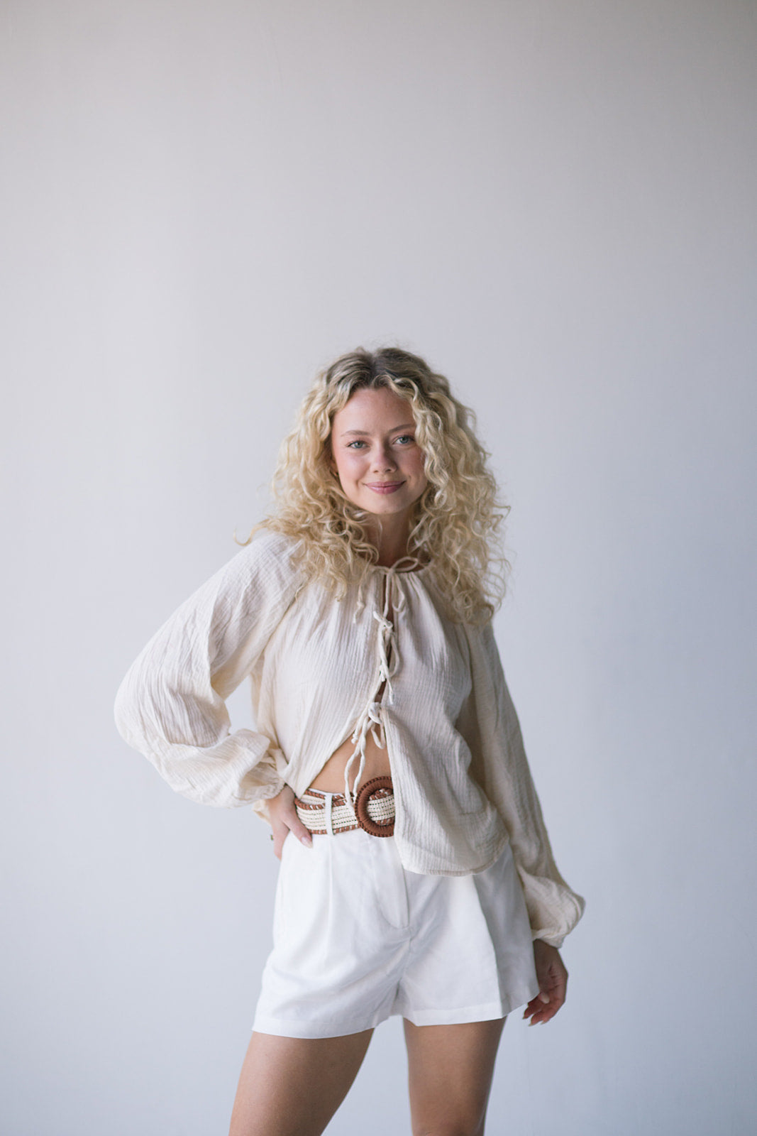 Mia Tie Front Long Sleeve Top - Cream