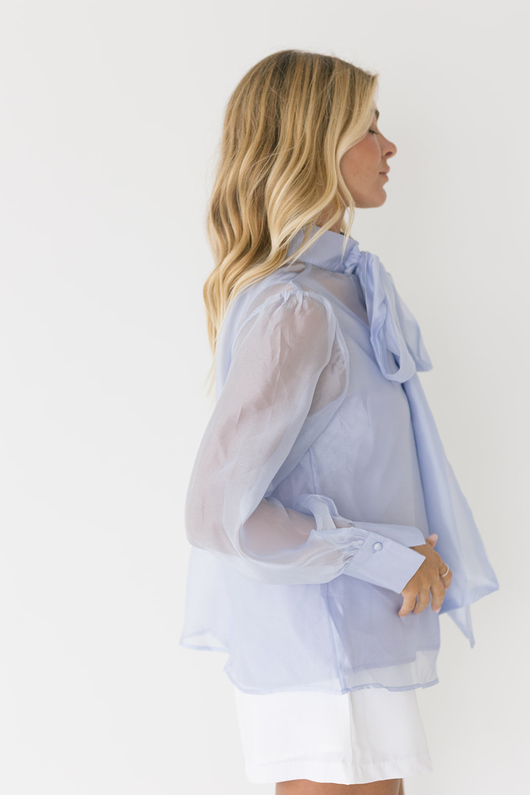 Brielle Pastel Bow Tie Blouse - Sky Blue