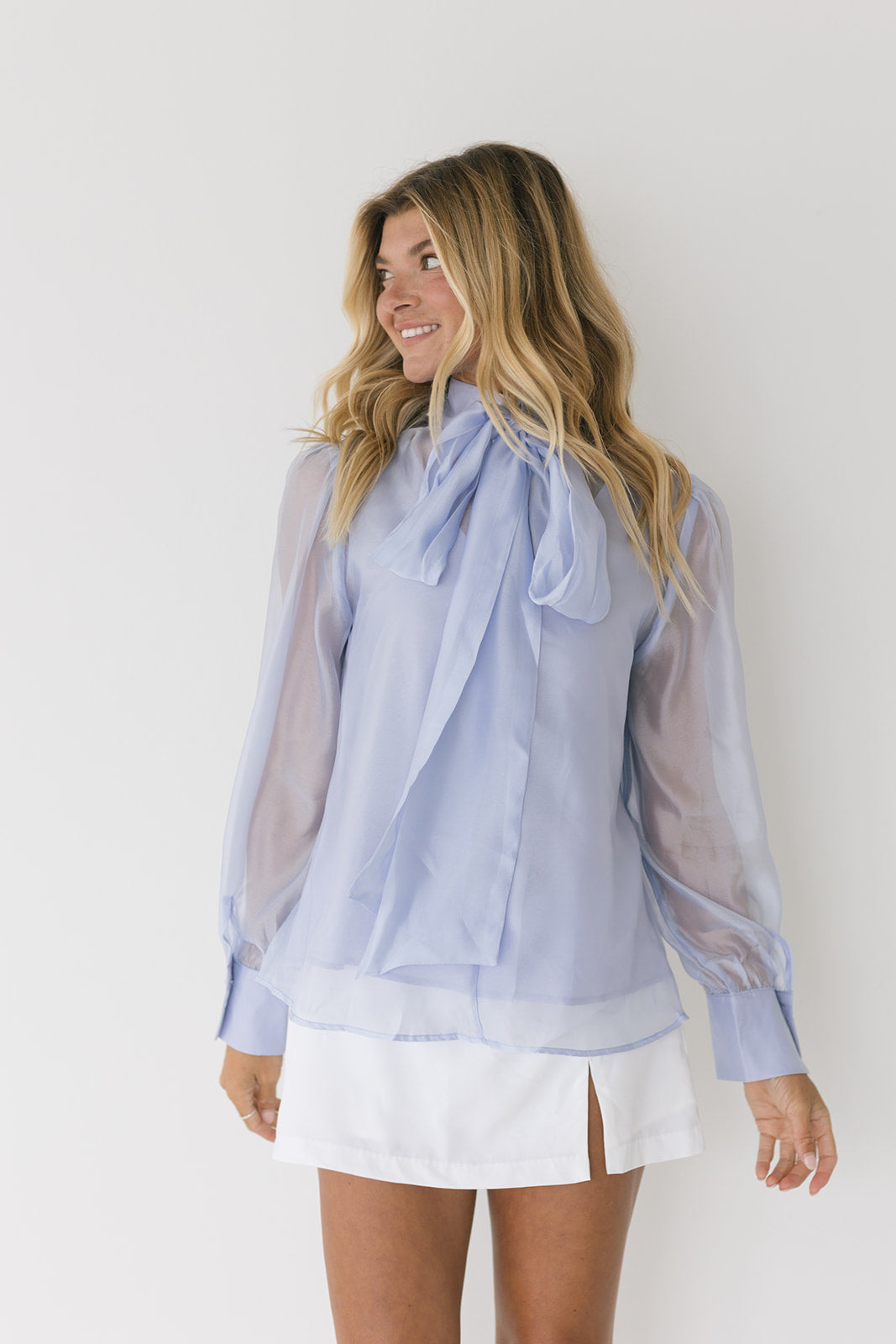 Brielle Pastel Bow Tie Blouse - Sky Blue