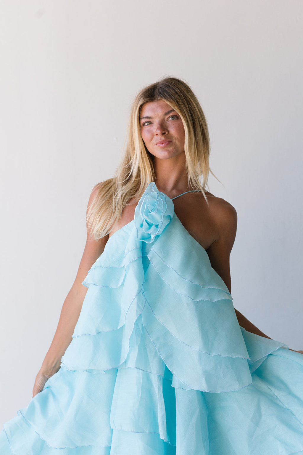 Camellia Floral Ruffle Maxi Dress - Aqua