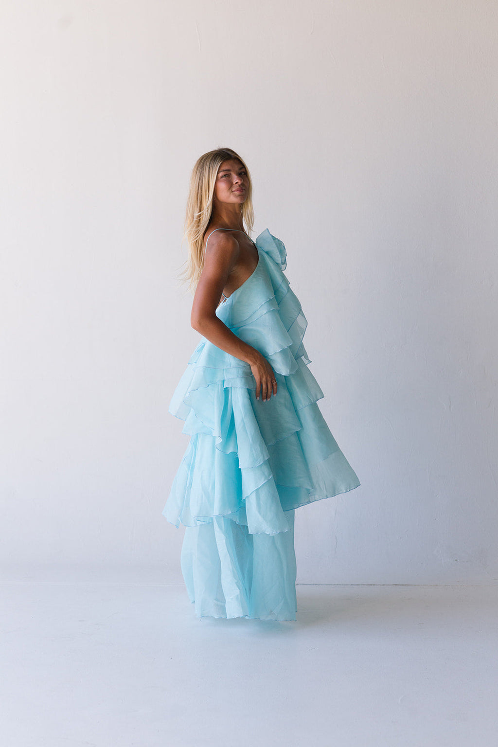 Camellia Floral Ruffle Maxi Dress - Aqua