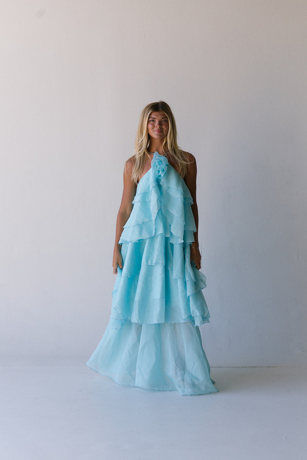 Camellia Floral Ruffle Maxi Dress - Aqua