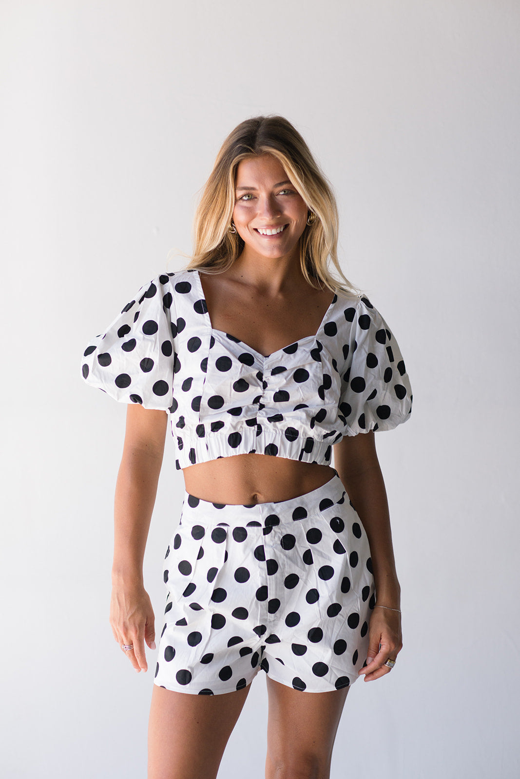 Rhodes Polka Dot Bubble Sleeve Set - Off White/Black