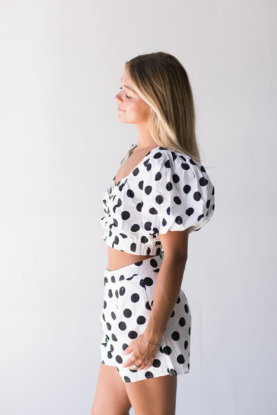 Rhodes Polka Dot Bubble Sleeve Set - Off White/Black