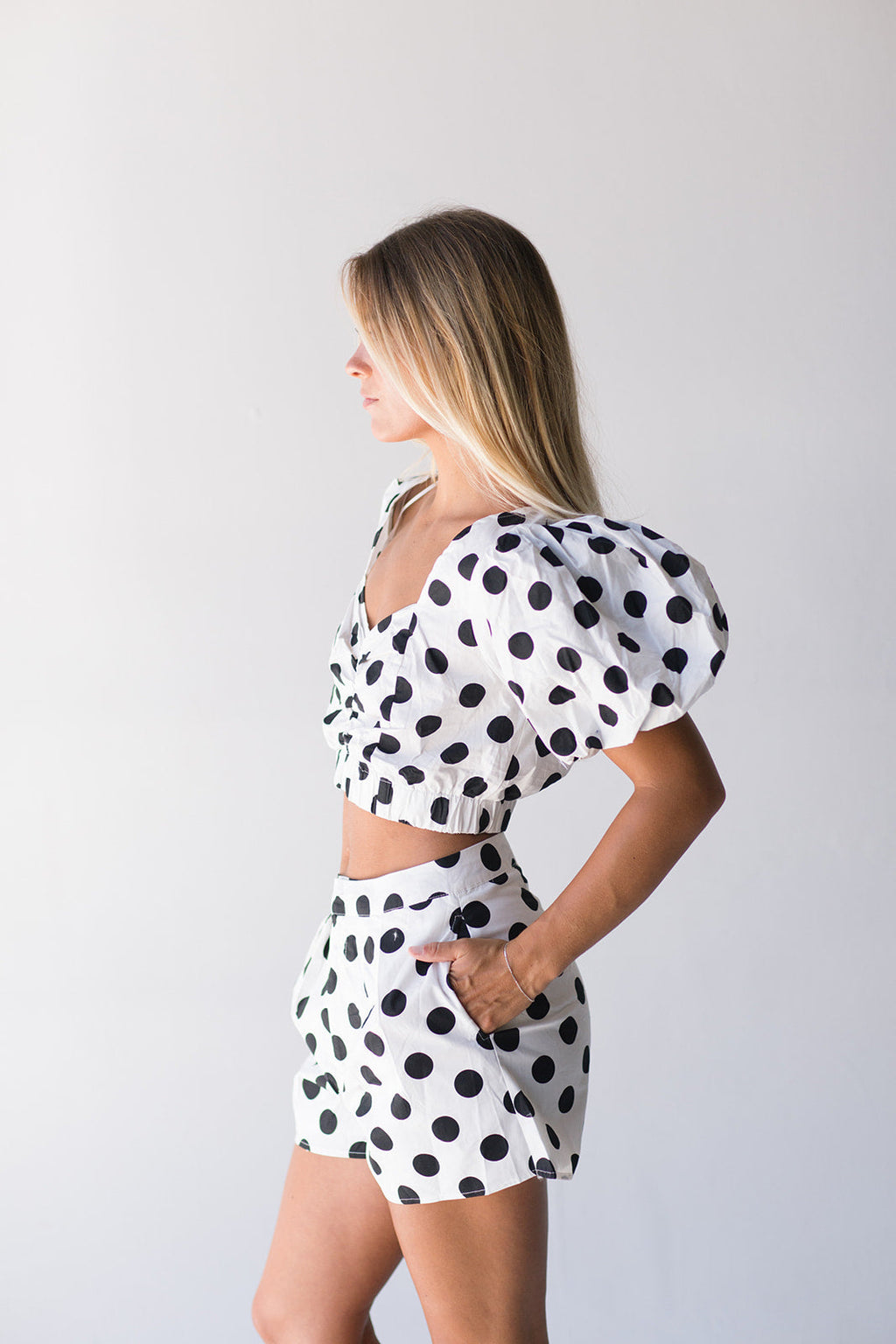 Rhodes Polka Dot Bubble Sleeve Set - Off White/Black
