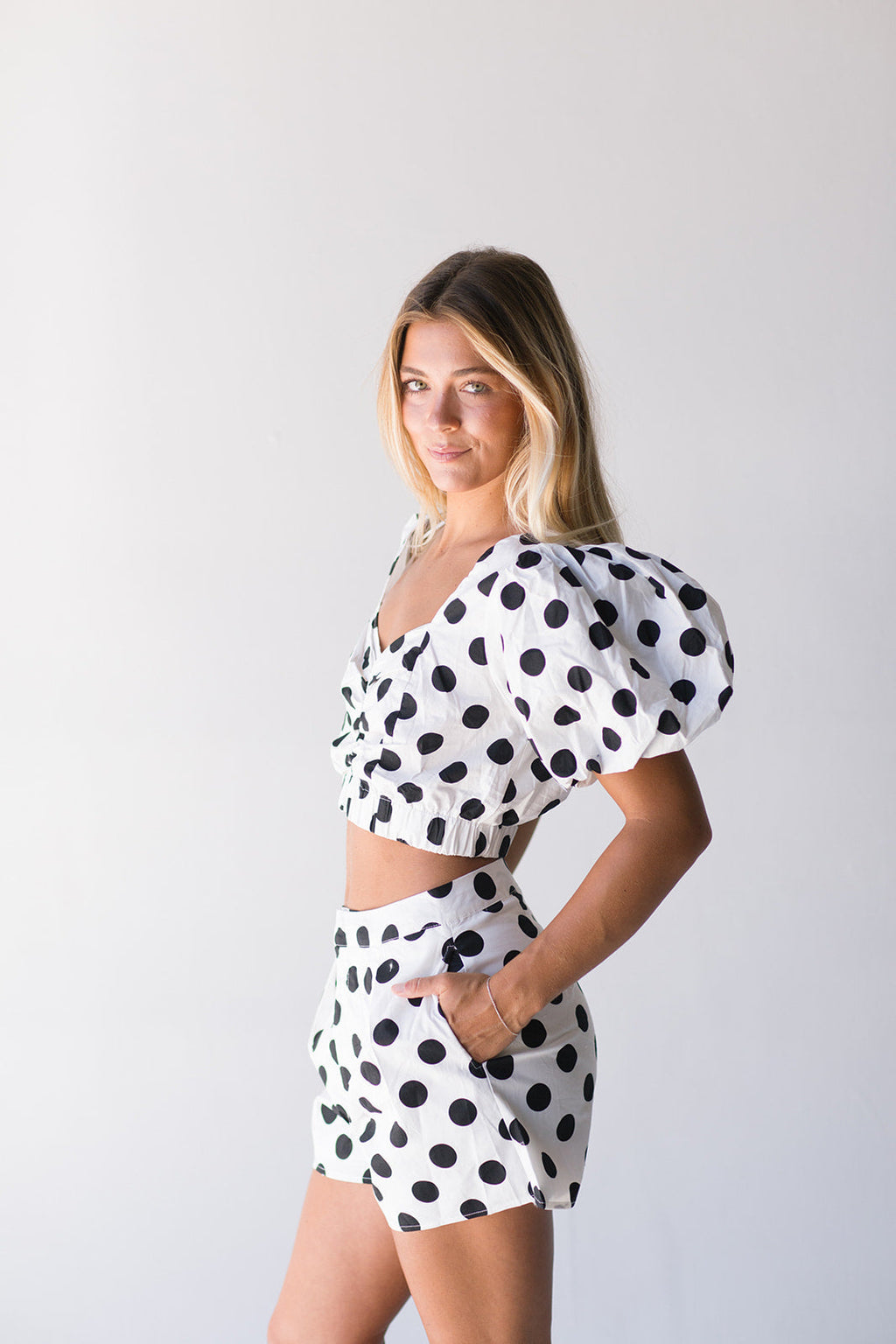 Rhodes Polka Dot Bubble Sleeve Set - Off White/Black