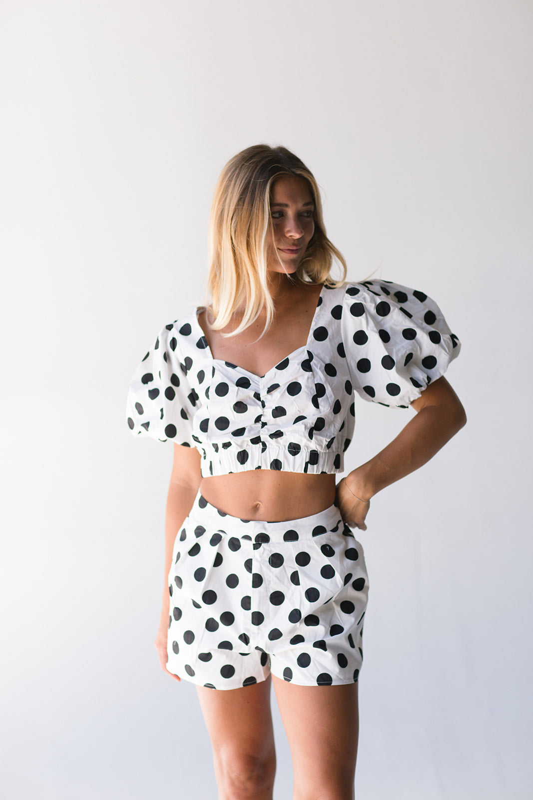 Rhodes Polka Dot Bubble Sleeve Set - Off White/Black